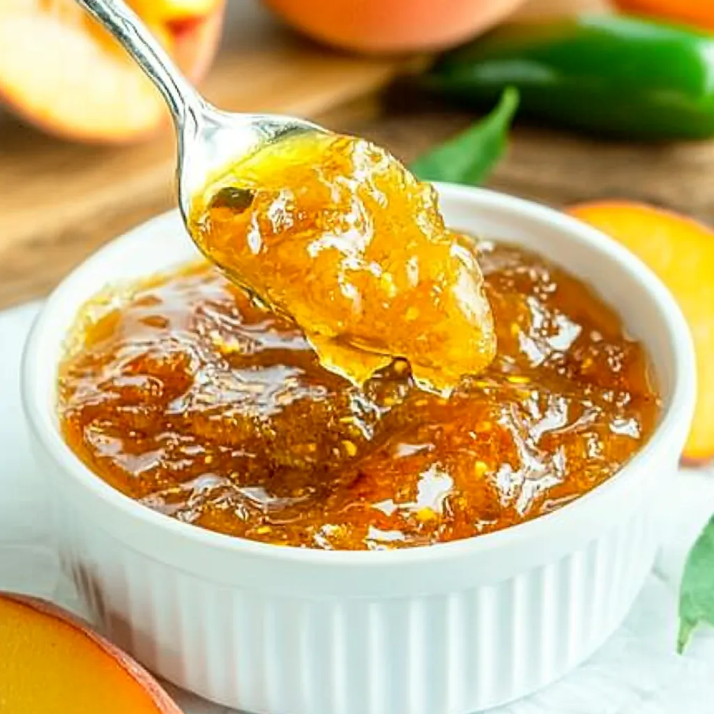 A spoon is in a bowl of peaches.