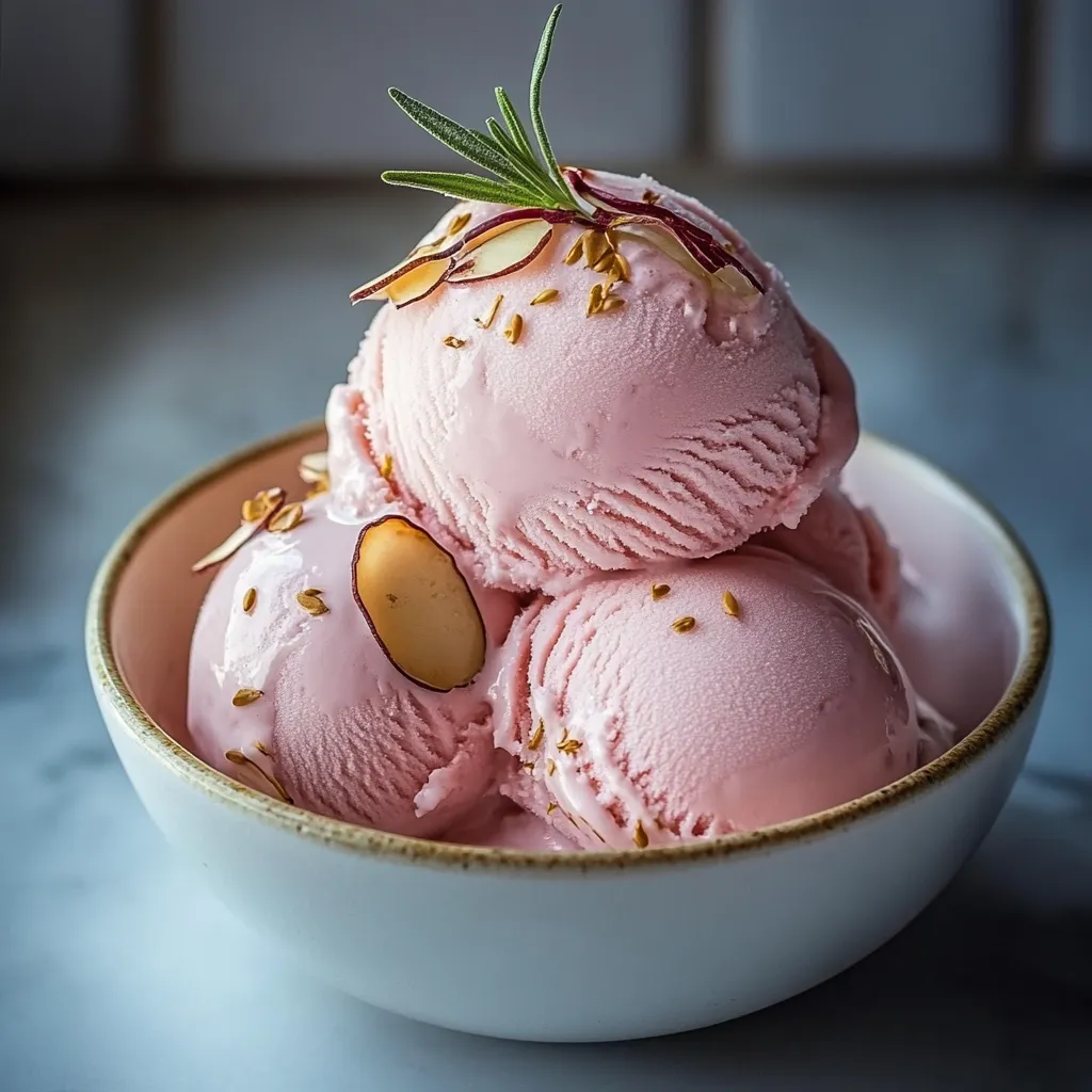 A bowl of pink ice cream with a nut on top.