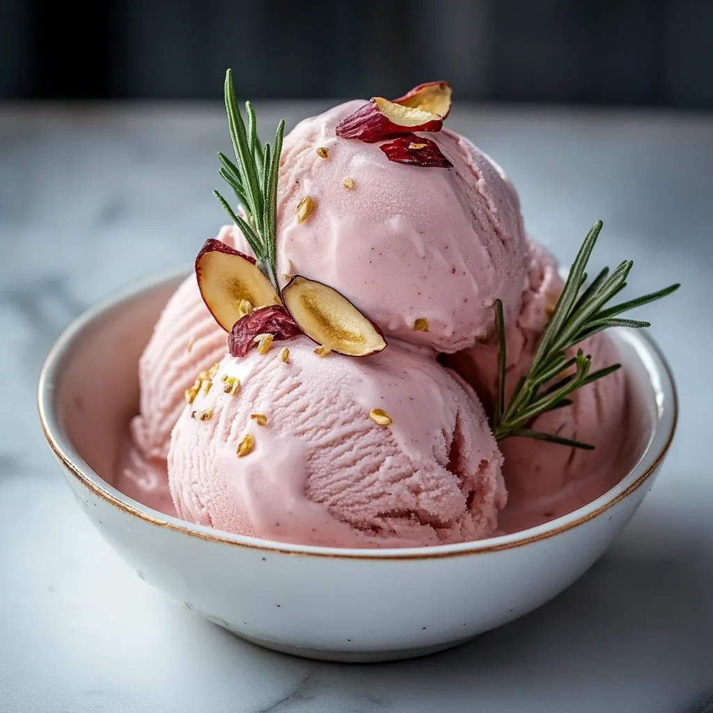Bowl of pink ice cream with nuts on top.