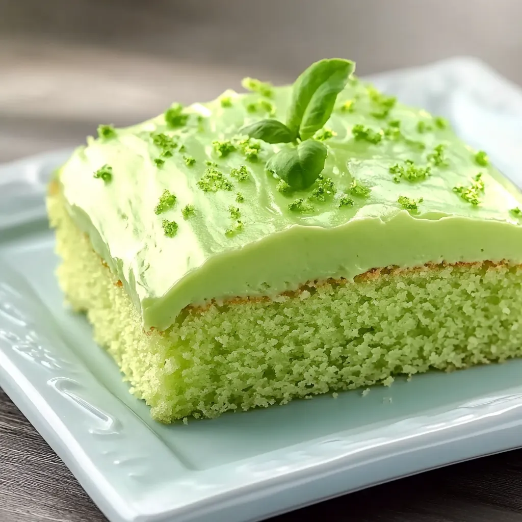 A slice of green cake with green leaves on top.