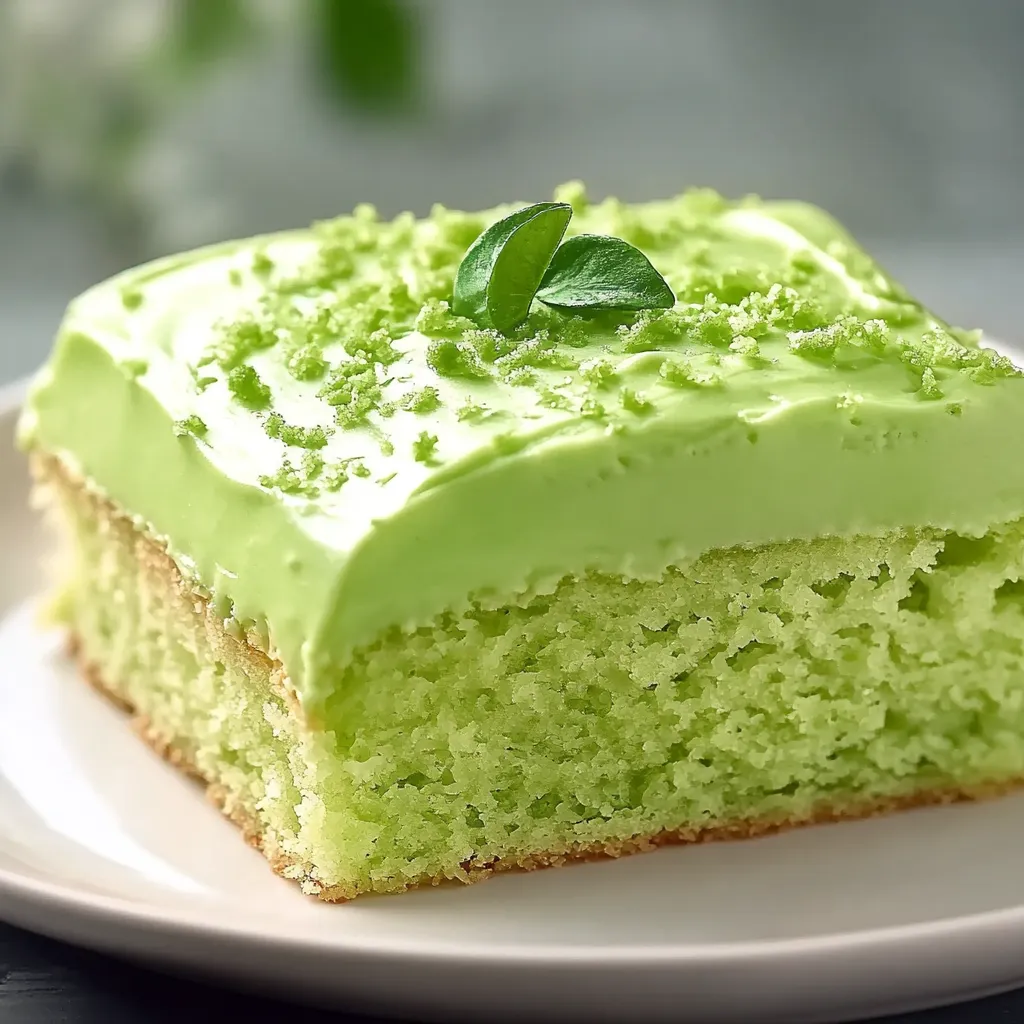 A slice of green cake with a leaf on top.