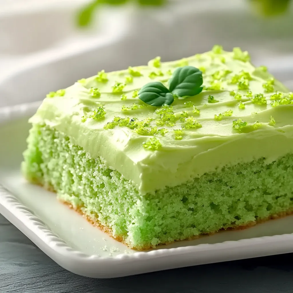 A slice of green cake with a leaf on top.