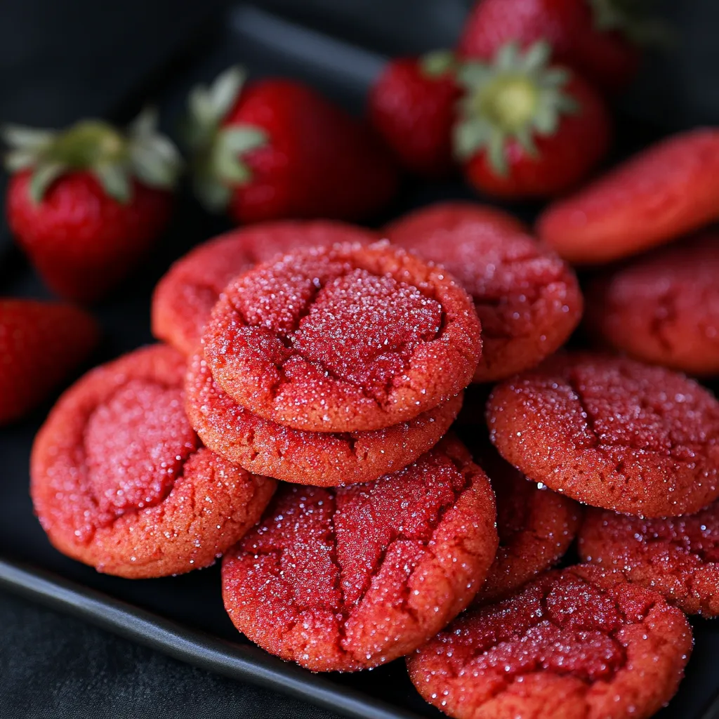 A plate of red frosted cookies with strawberries on top.