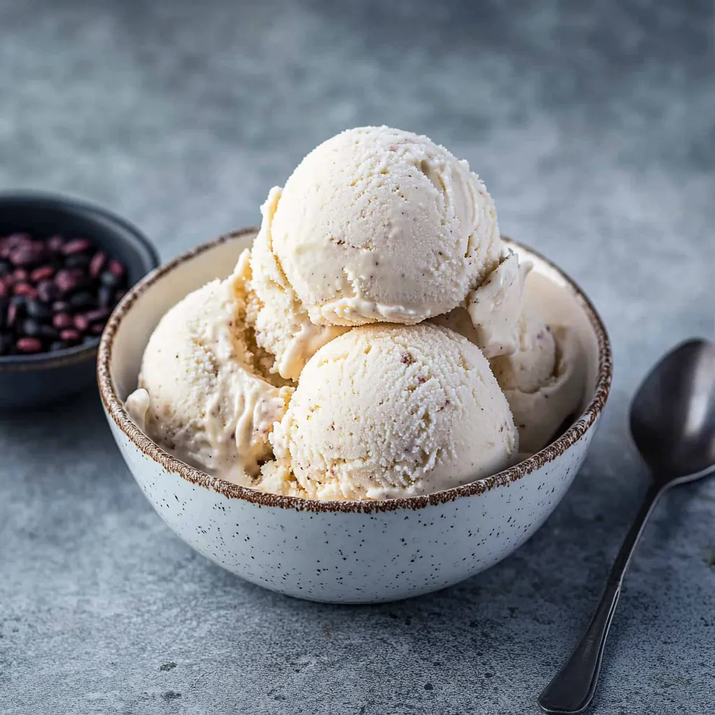 A bowl of ice cream with a spoon next to it.