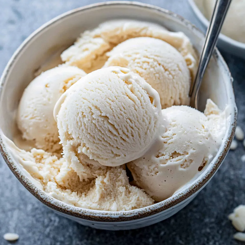 A bowl of ice cream with a spoon in it.