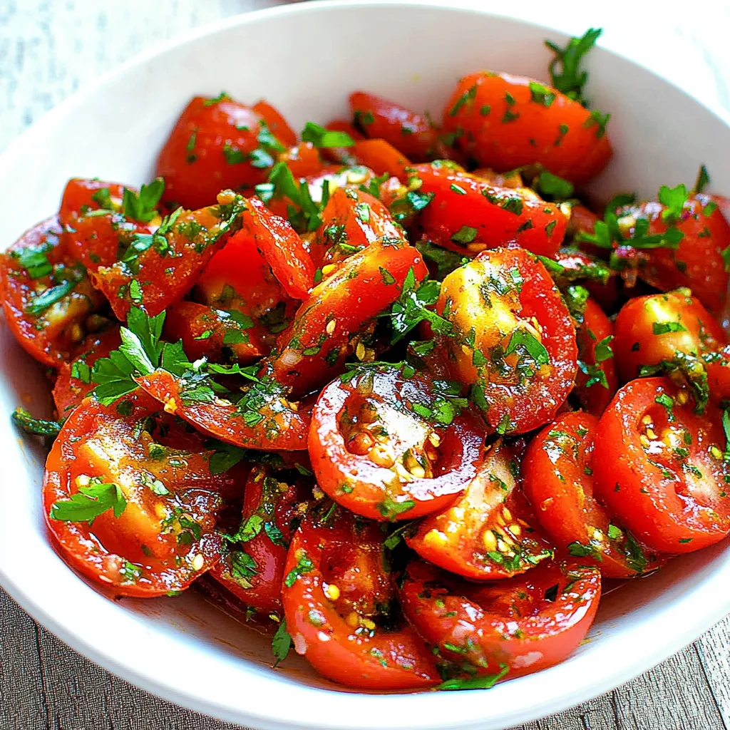 A bowl of sliced tomatoes with herbs.