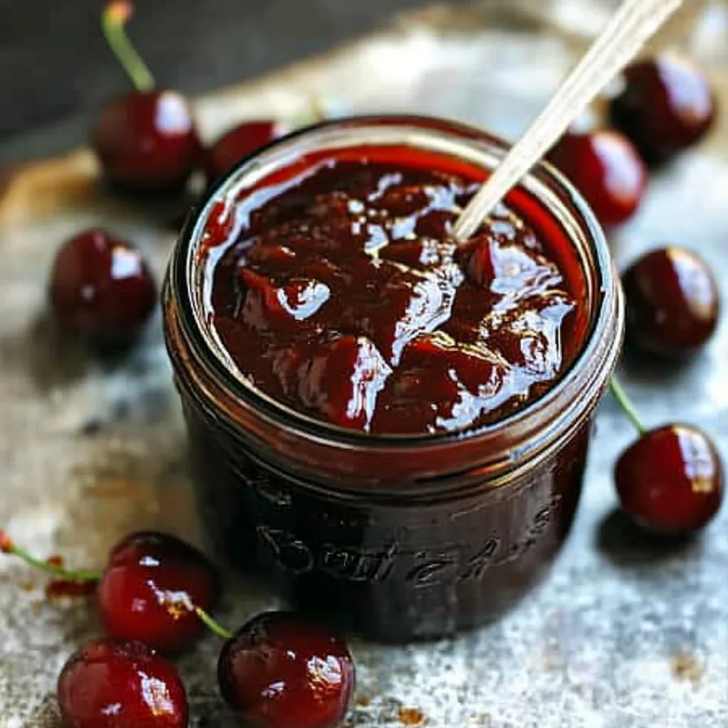 A jar of cherry butter on a table.