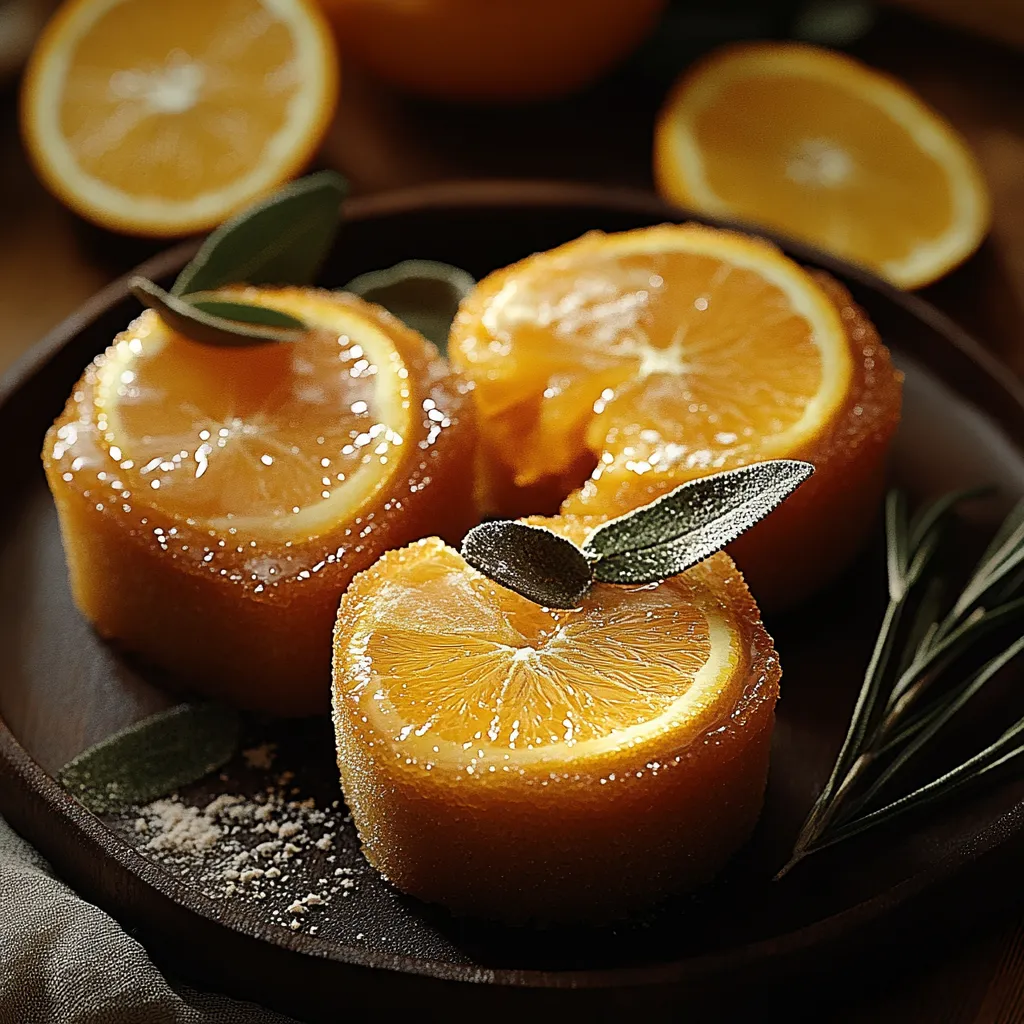 A plate of orange slices with green leaves on top.
