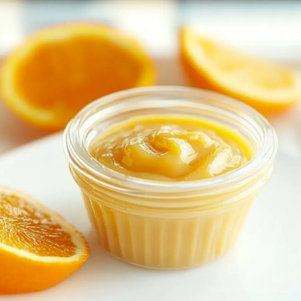 A container of orange sauce with a slice of orange on the side.