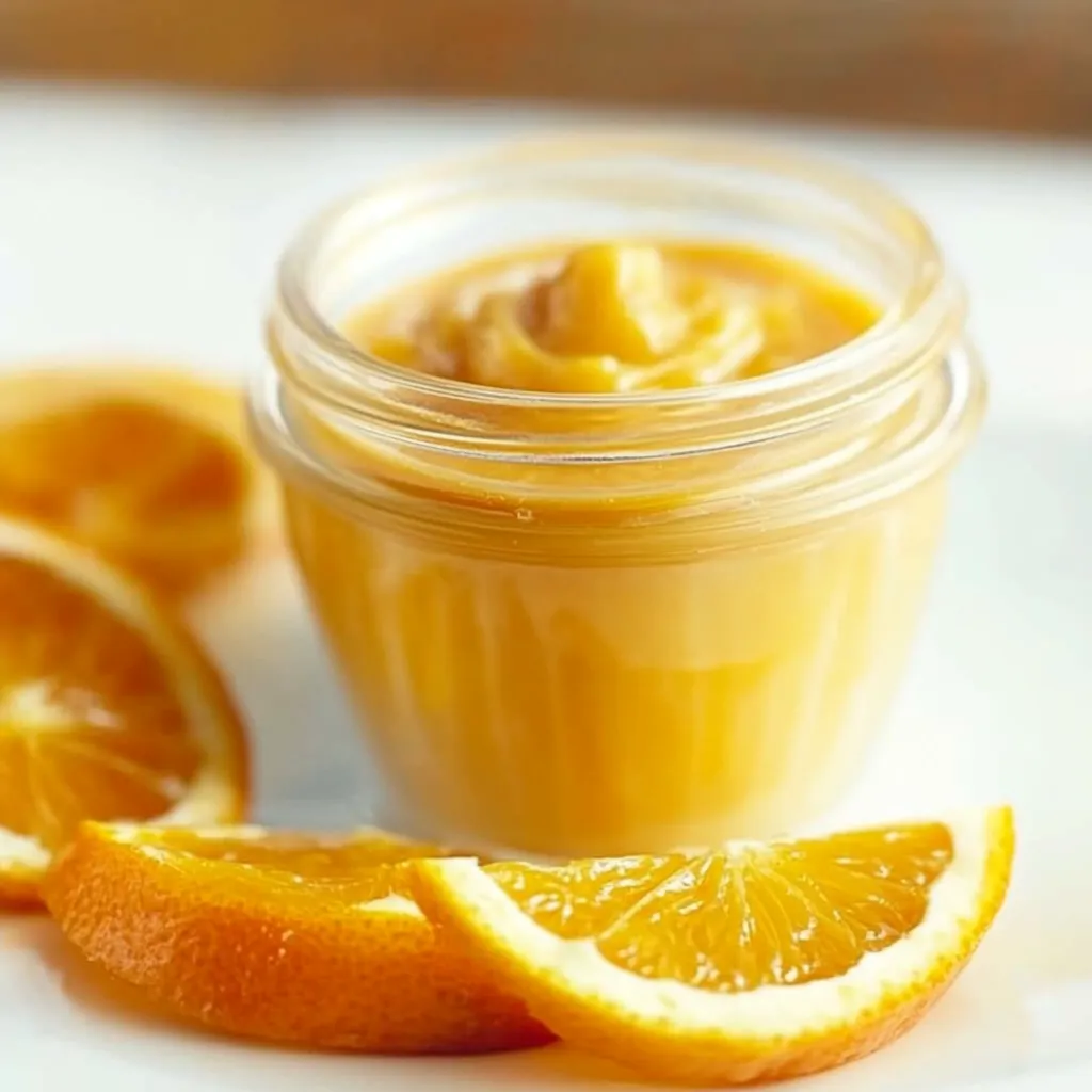 A jar of honey with orange slices on a table.
