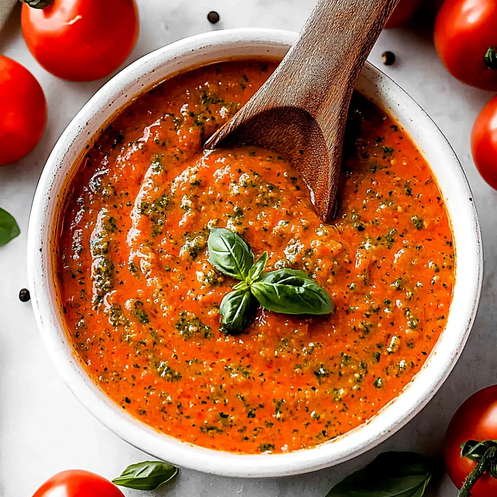A bowl of red sauce with a spoon in it.