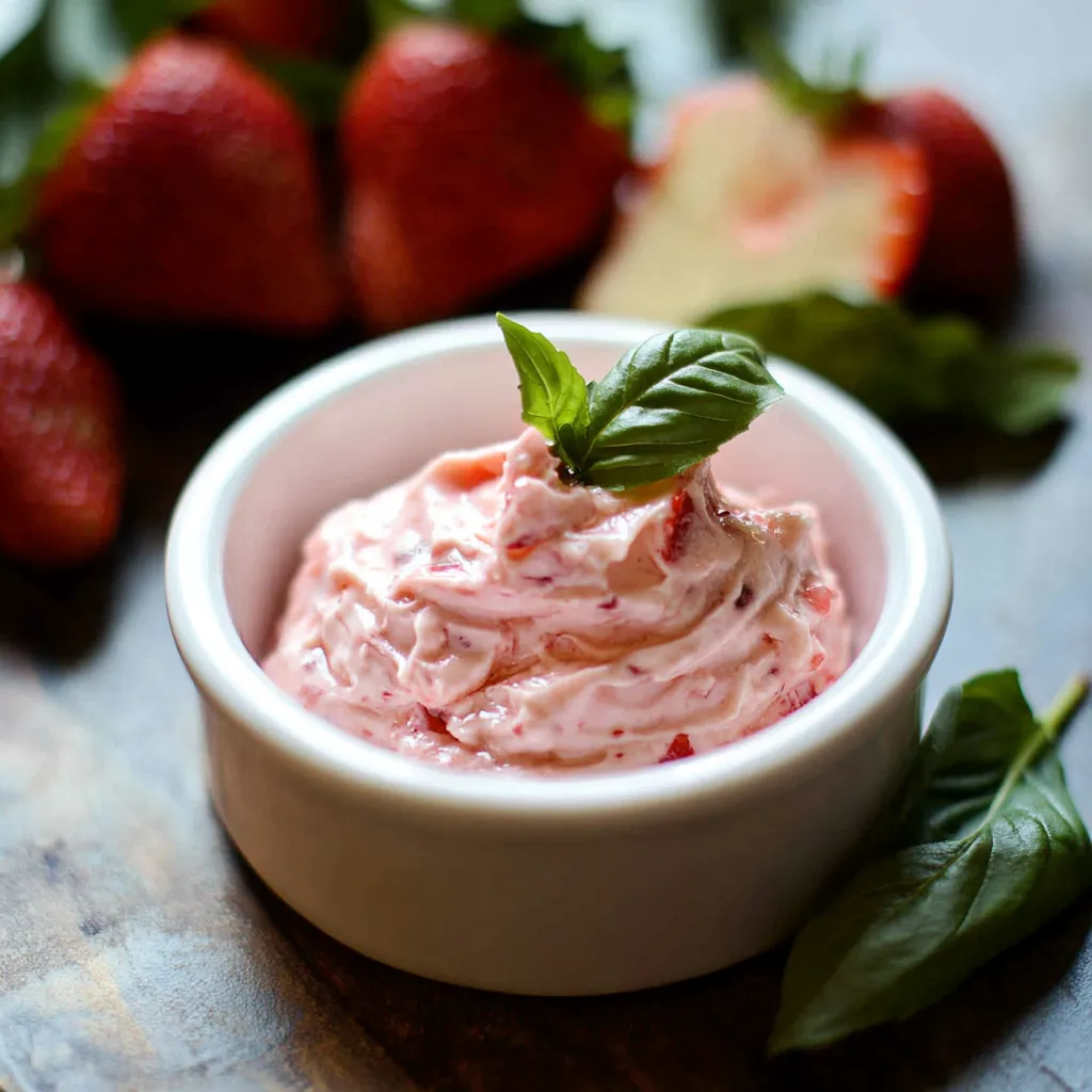 A bowl of strawberry jam with a green leaf on top.