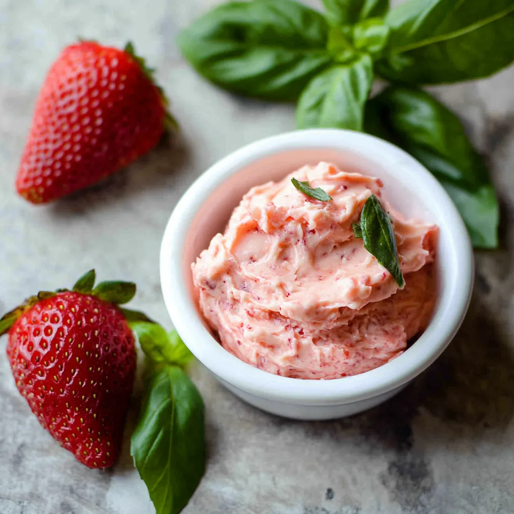 A bowl of strawberry jam with a strawberry and basil leaf on the side.