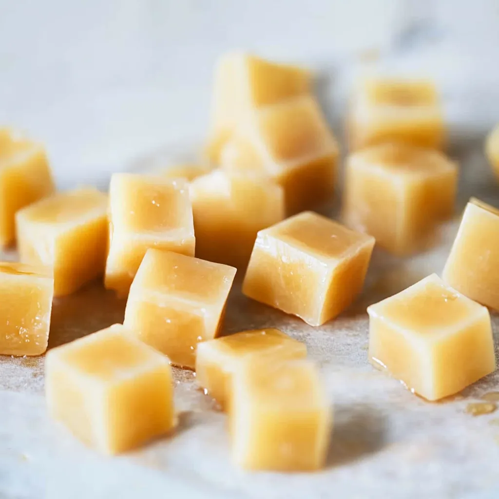A white plate with a square of caramel.