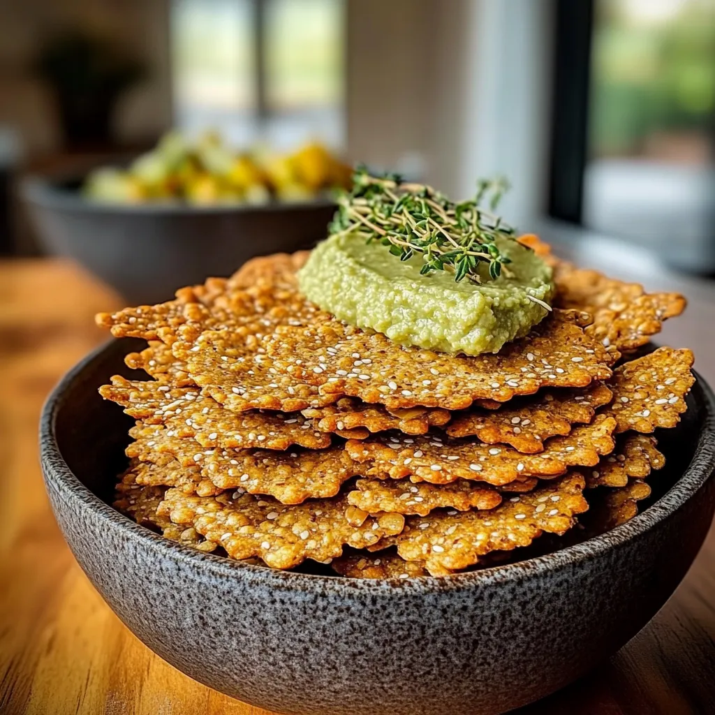 A bowl of crackers with a green dip on top.