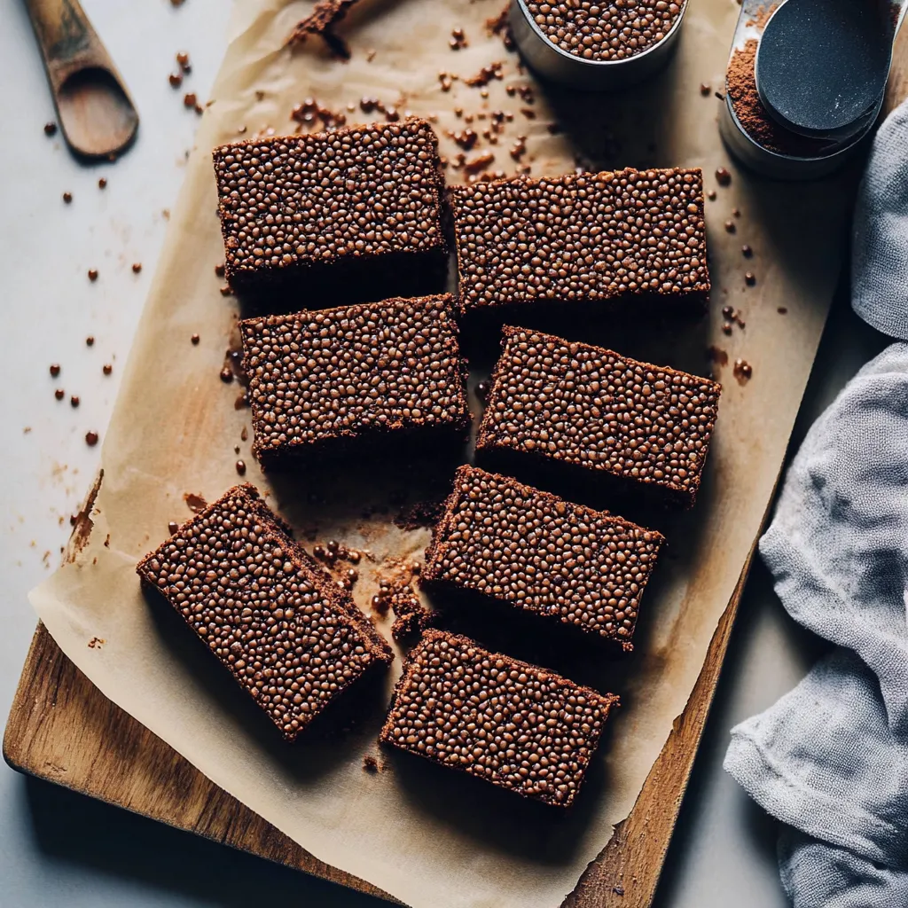 A wooden cutting board with a square of chocolate cake on it.
