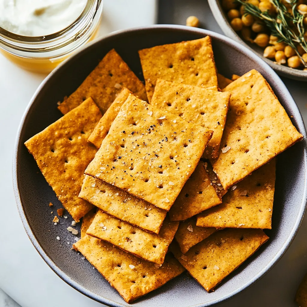 A plate of crackers with a bowl of beans in the background.