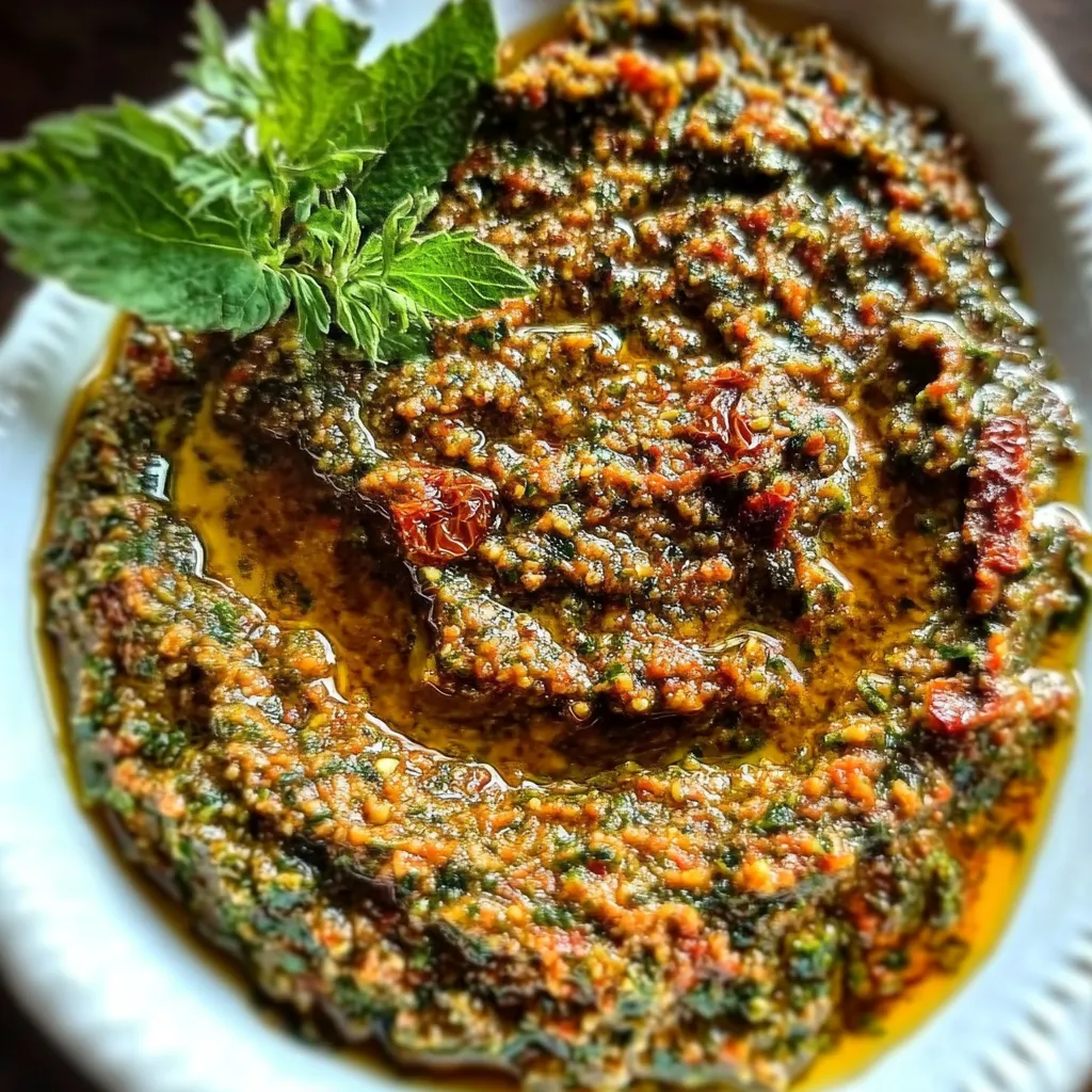 A bowl of red sauce with a green garnish.
