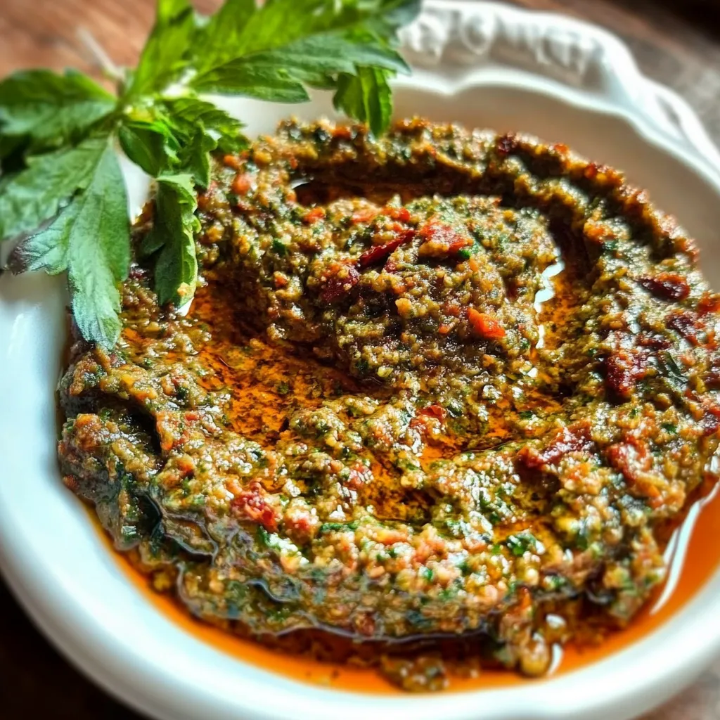 A white bowl with a red sauce.