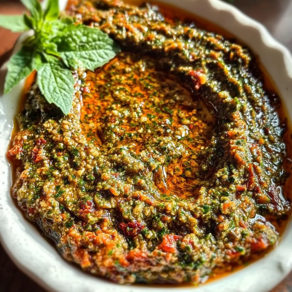 A bowl of red sauce with green herbs.