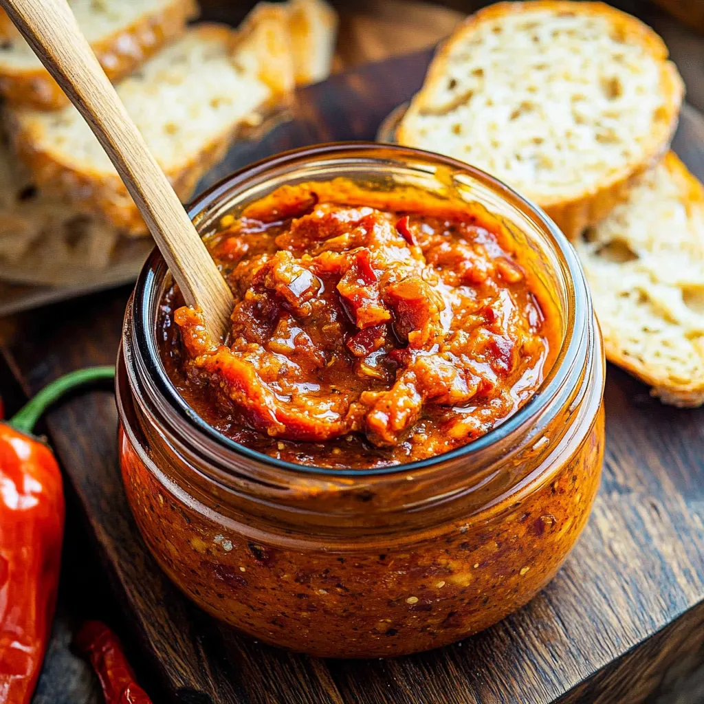 A jar of red sauce on a wooden table.