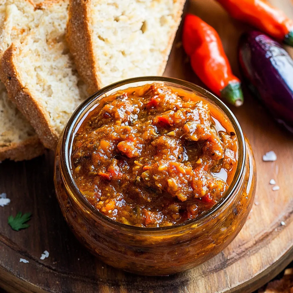 A glass jar of red pepper sauce.
