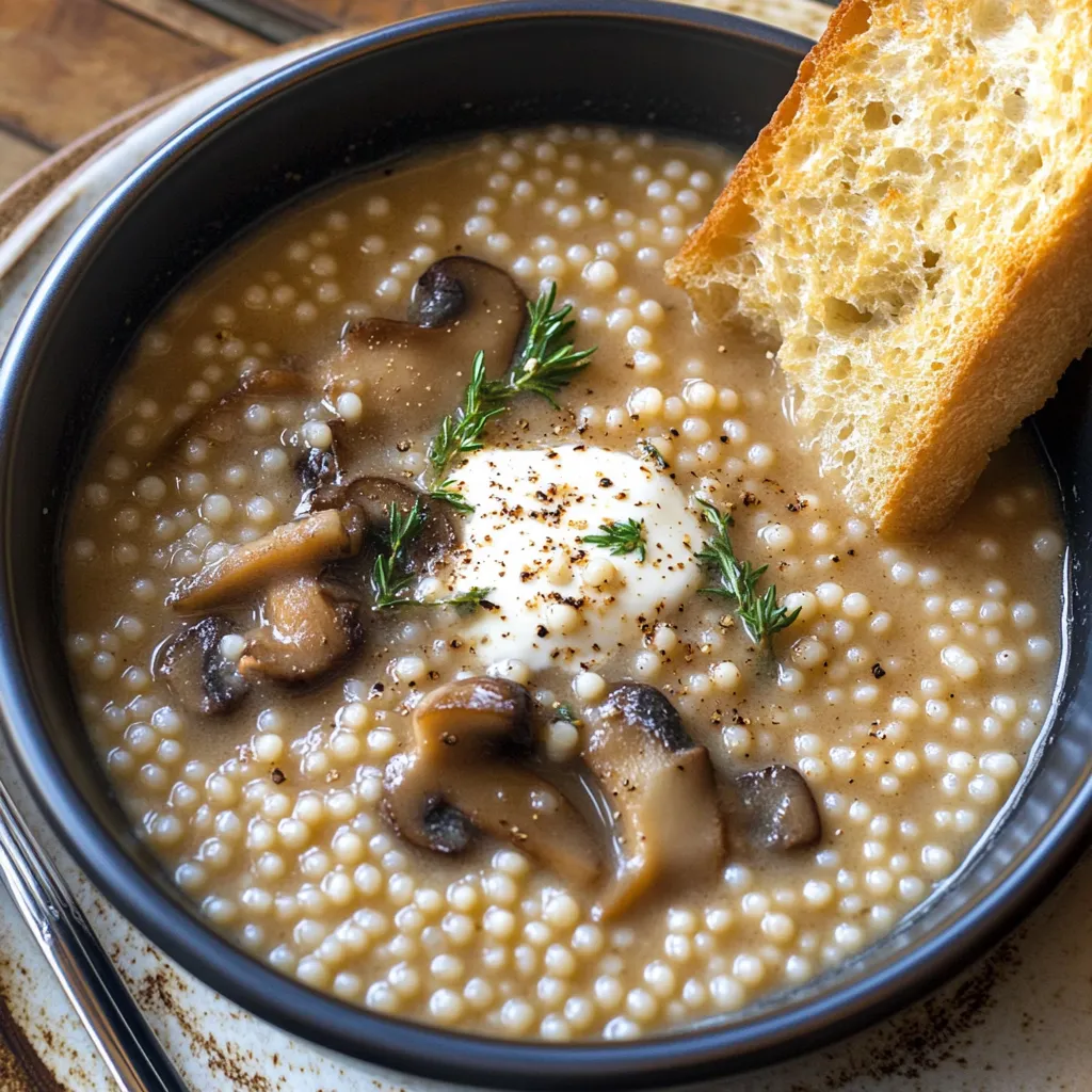 A bowl of soup with mushrooms and bread.