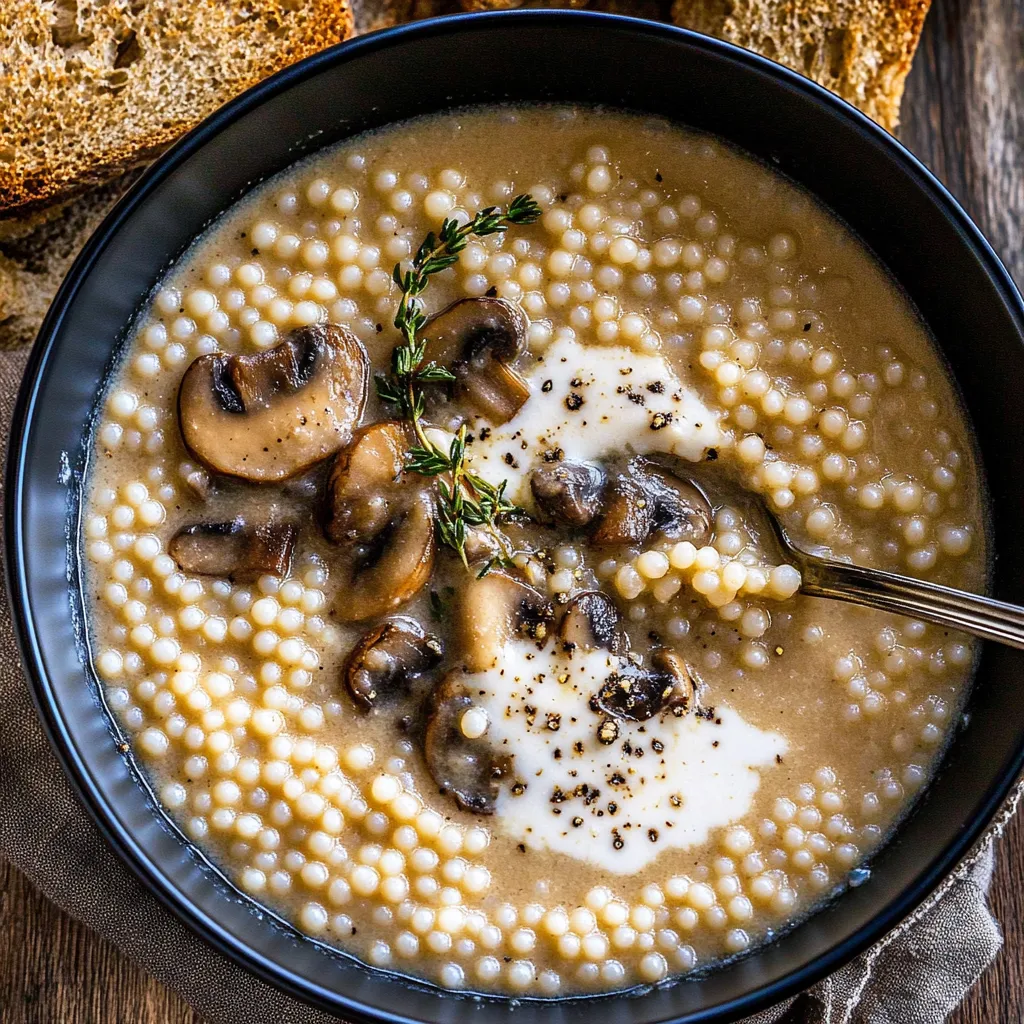 A bowl of soup with mushrooms and herbs.
