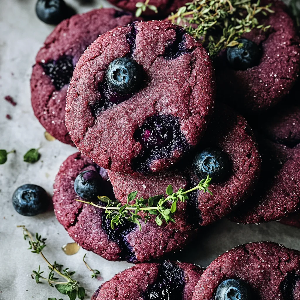 A stack of blueberry cookies with a sprig of mint on top.