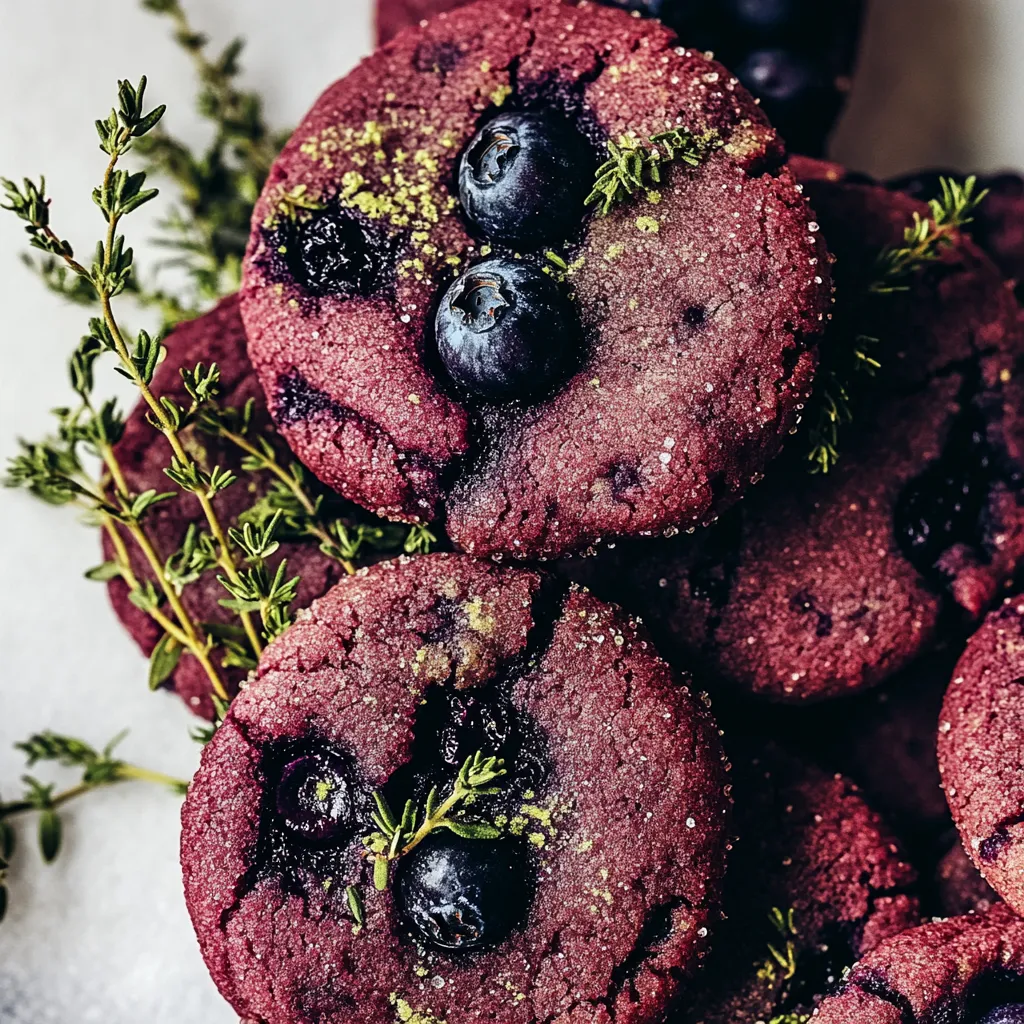 A close up of a blueberry cookie with green leaves.