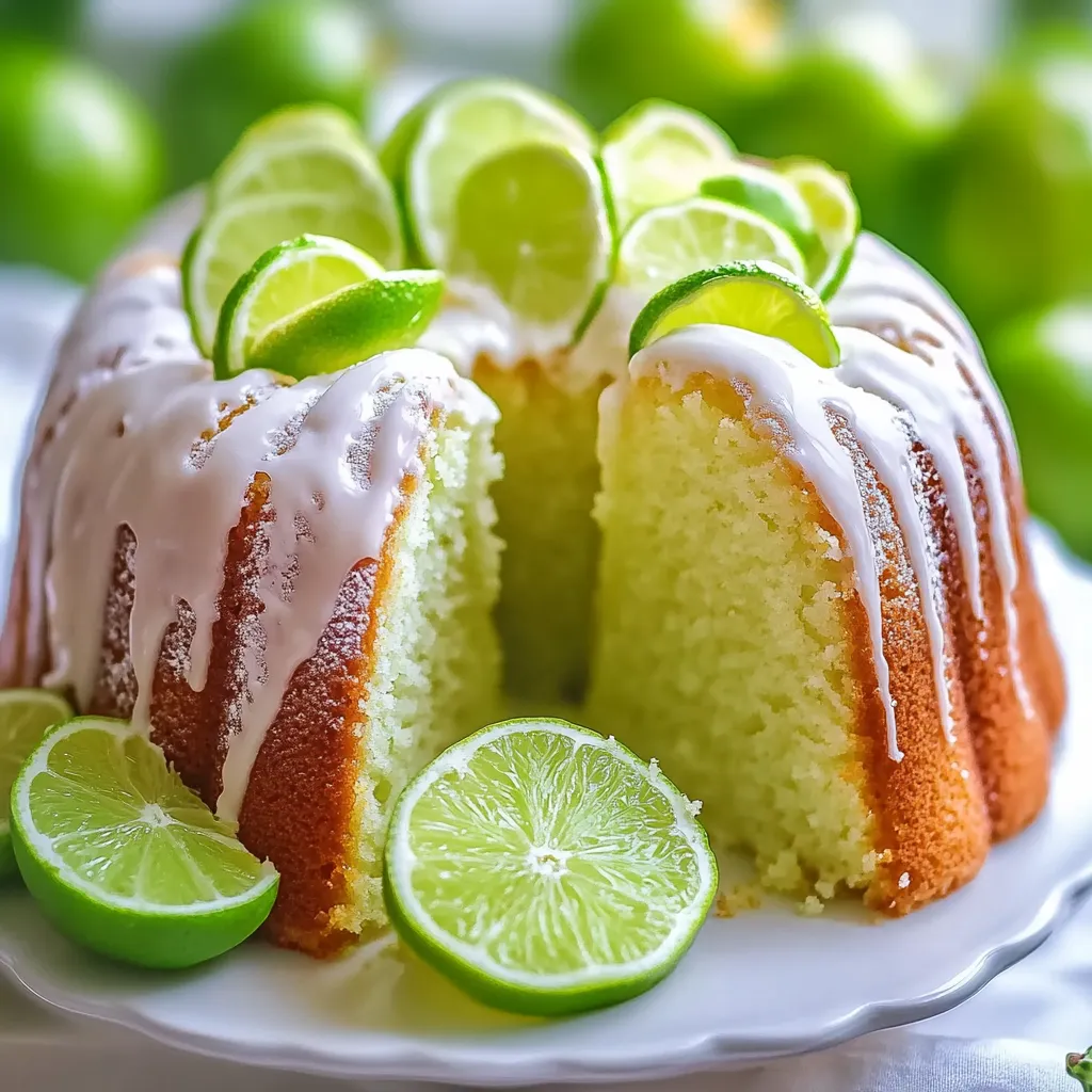 A slice of cake with limes on top.