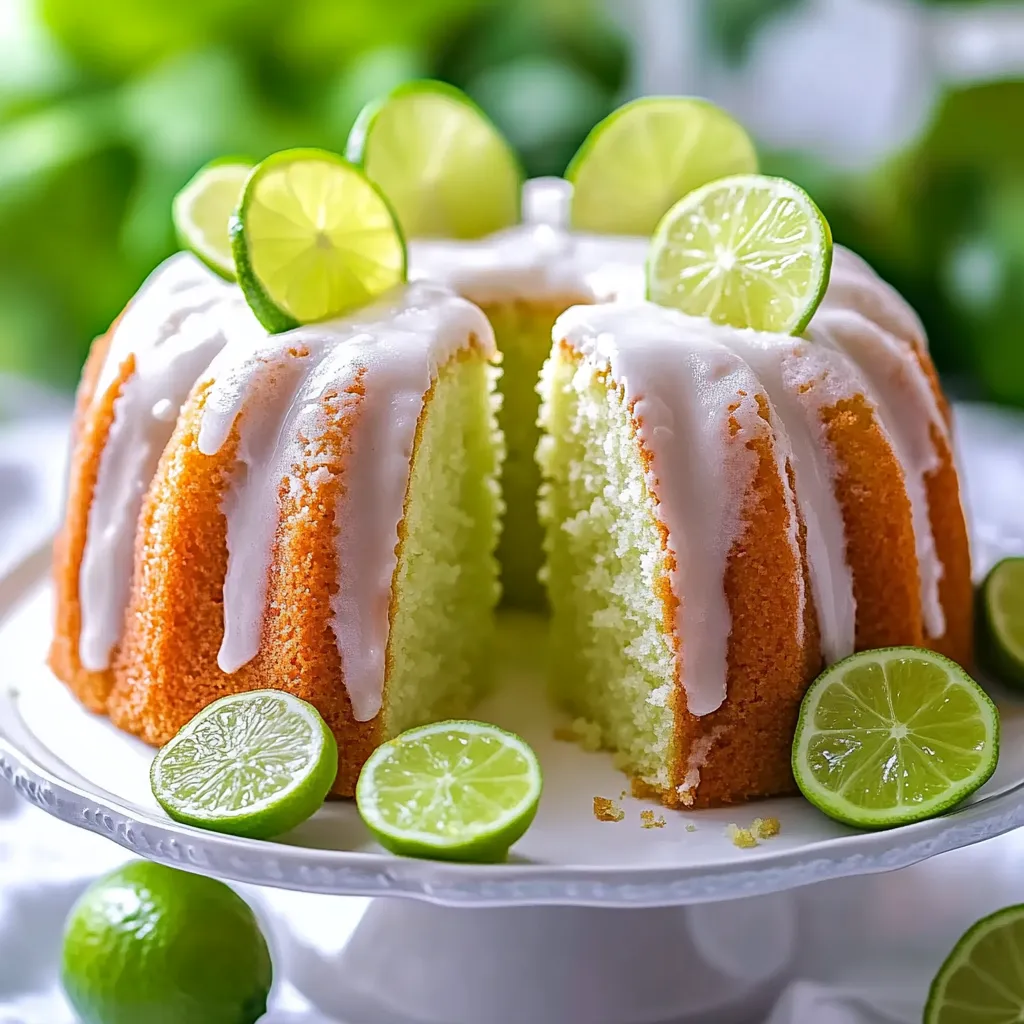 A slice of cake with limes on top.
