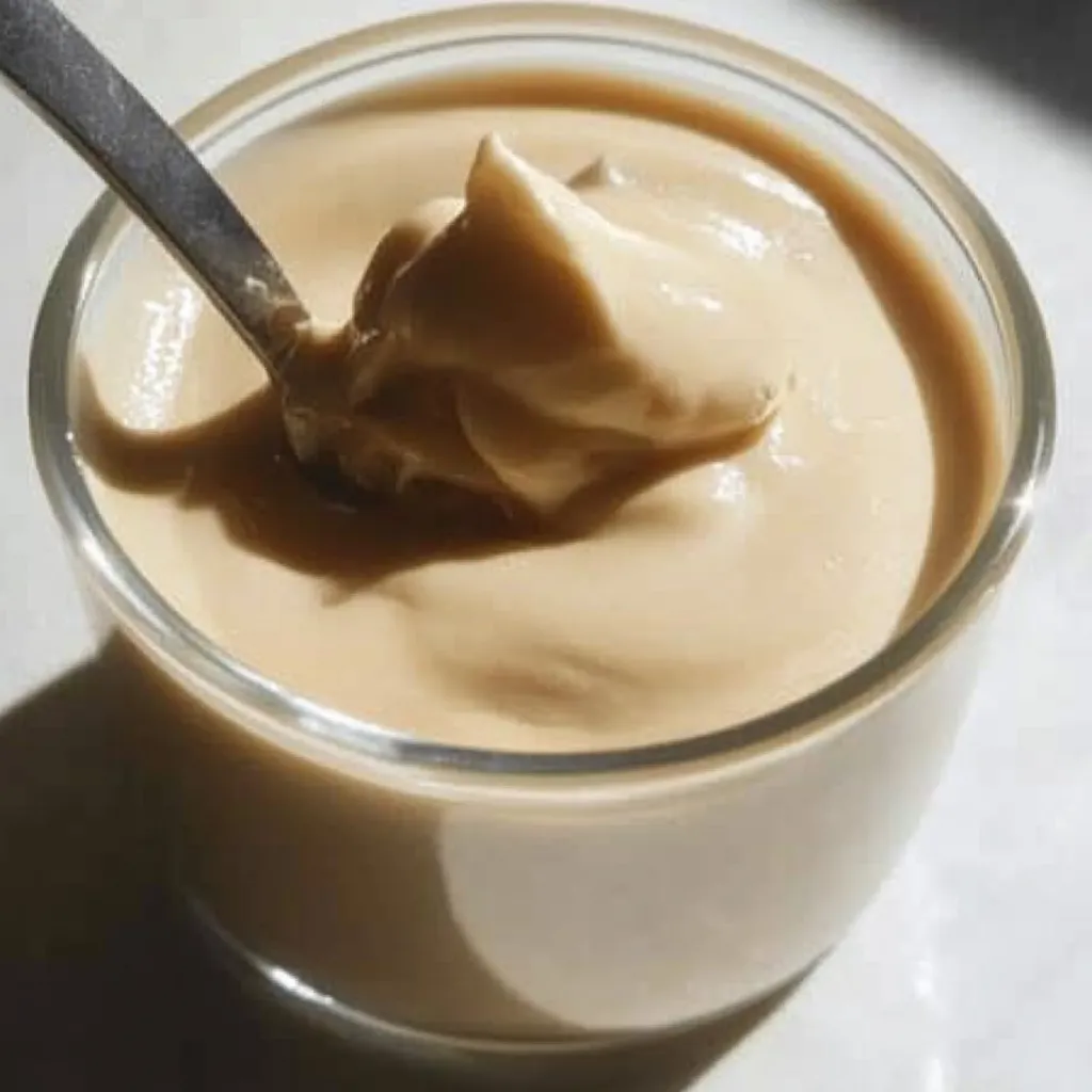 A spoon is in a cup of cream.