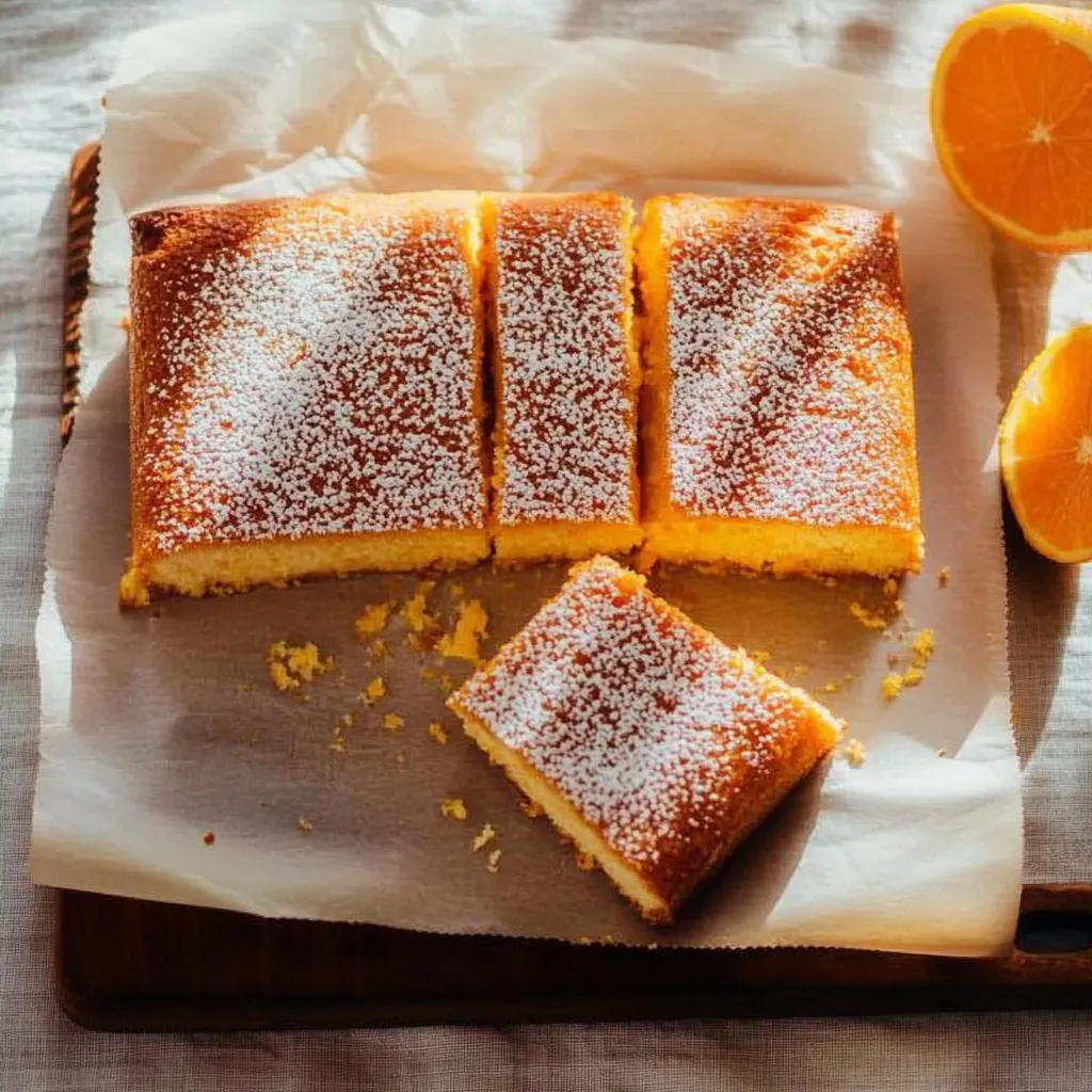 A slice of cake with powdered sugar on a plate.