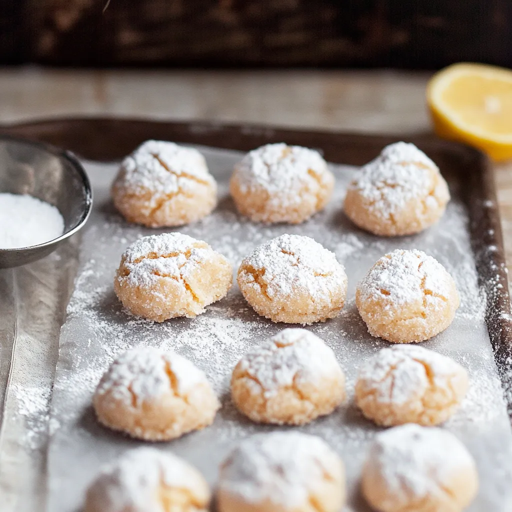 A tray of powdered sugar covered cookies.