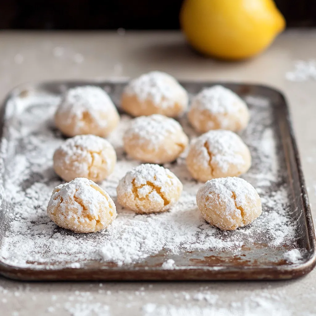 A tray of powdered sugar covered cookies.