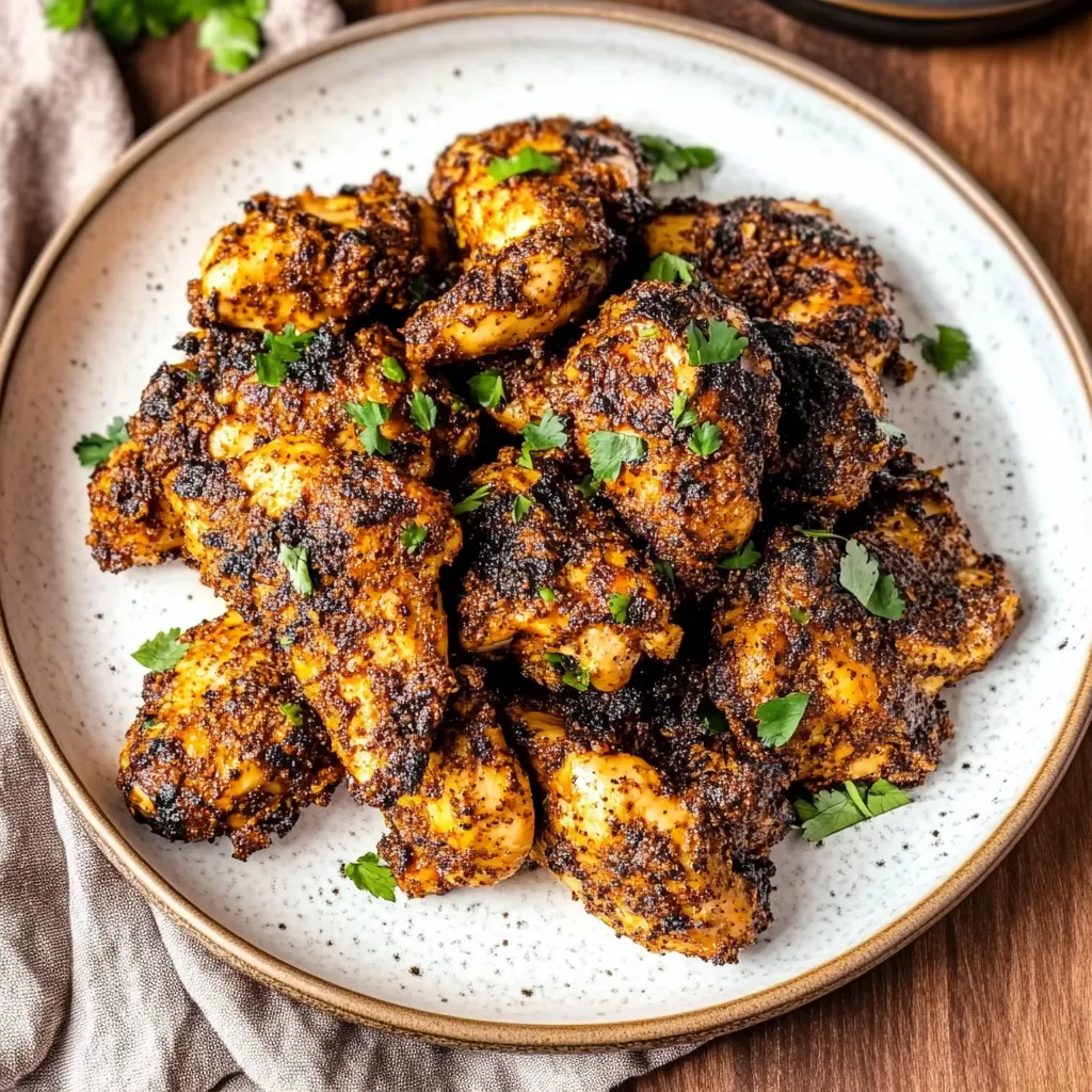 A plate of chicken with green herbs on top.