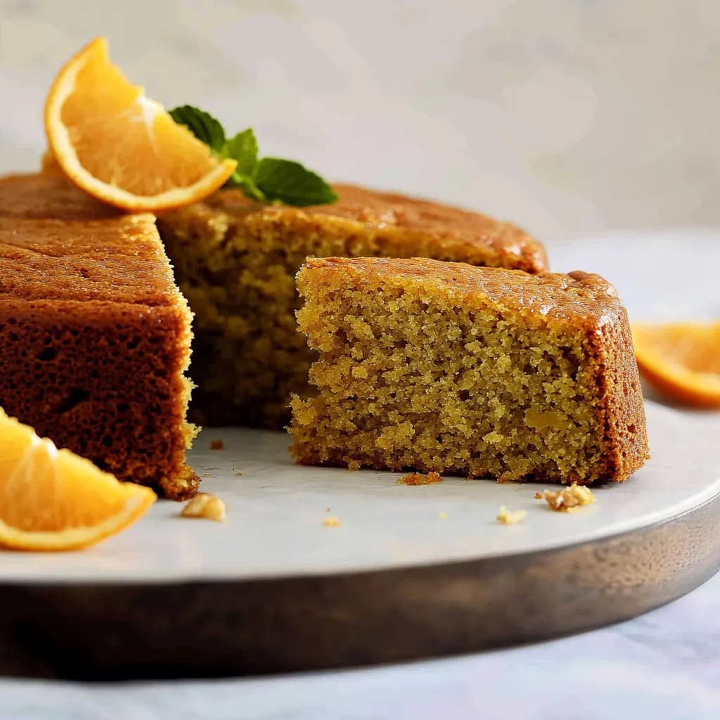 A slice of cake with a lemon wedge on top.