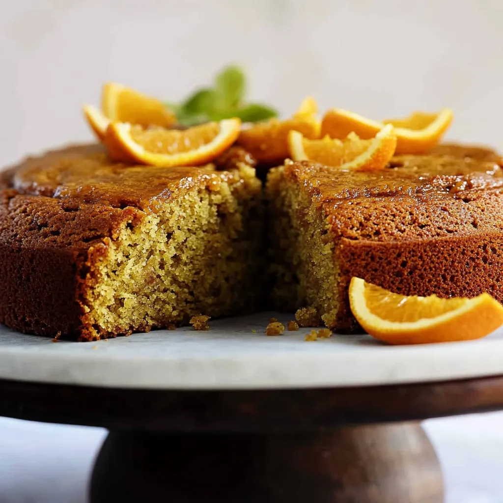 A slice of cake with oranges on top.