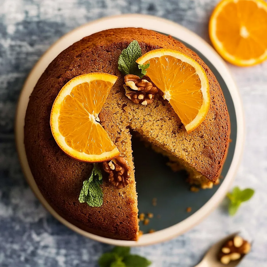 A slice of cake with orange slices on top.