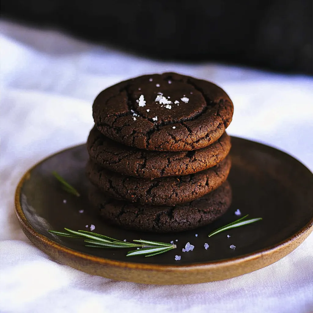 A stack of chocolate cookies with salt on top.