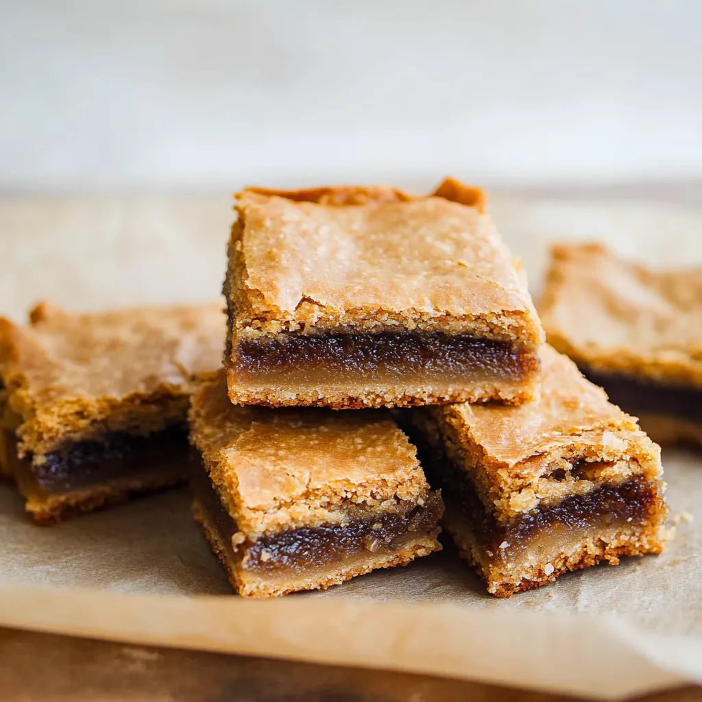A stack of brownies on a table.
