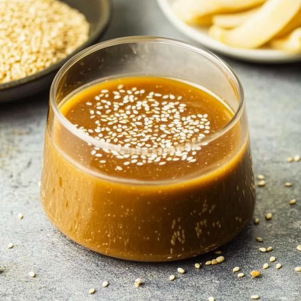 A glass of sauce with sesame seeds on a table.