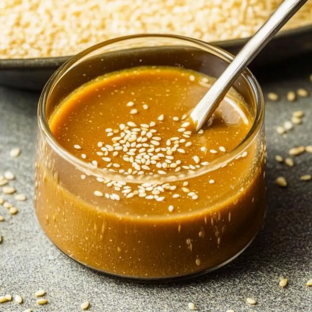 A glass of sauce with a spoon in it.