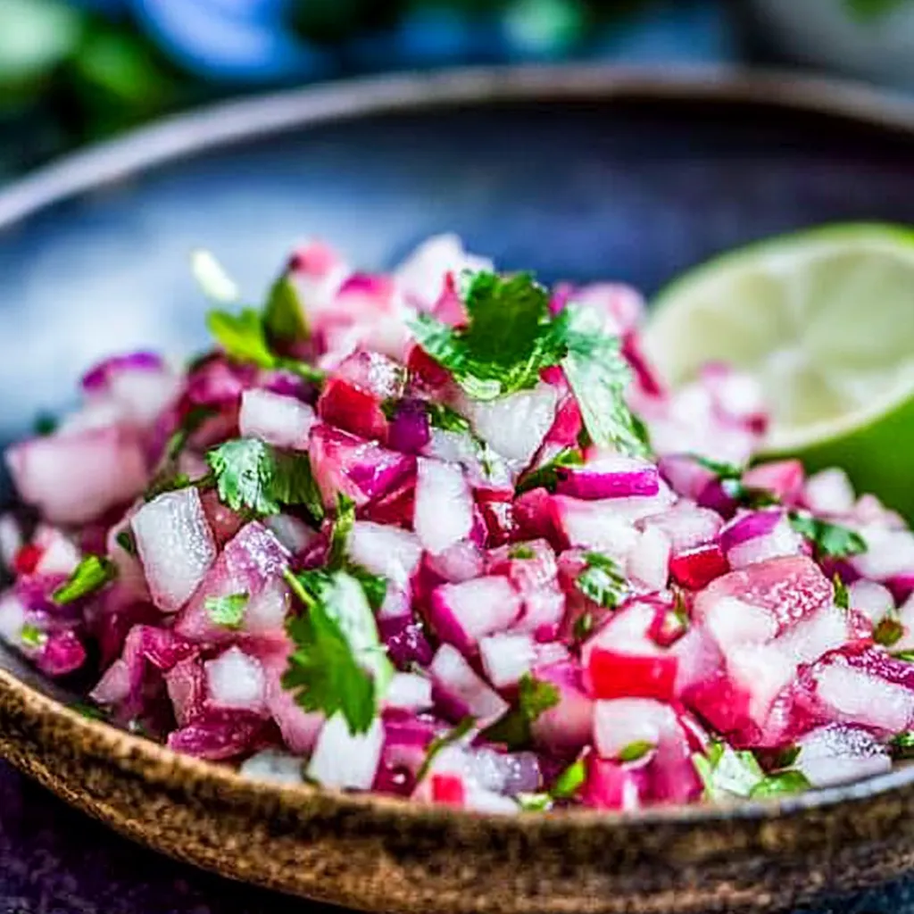 A bowl of sliced onions and limes.