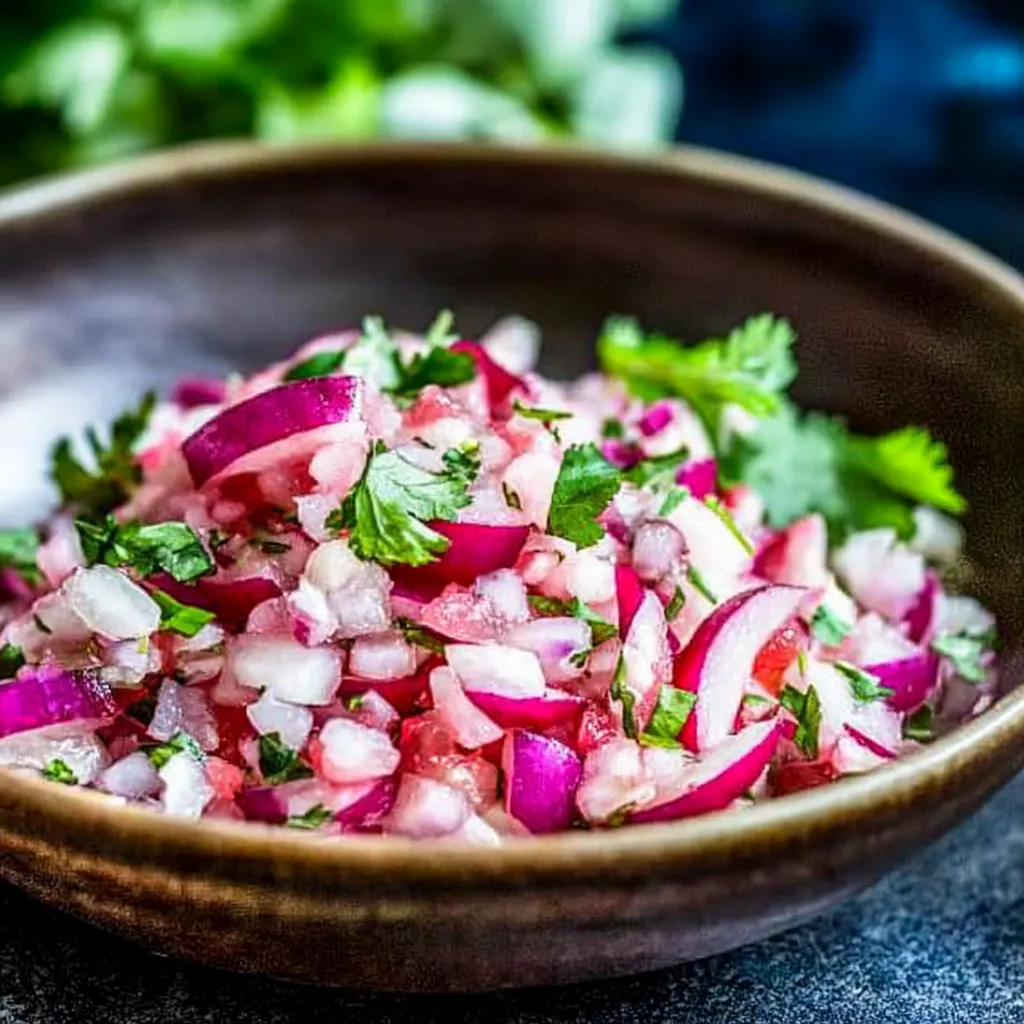 A bowl of food with onions and tomatoes.