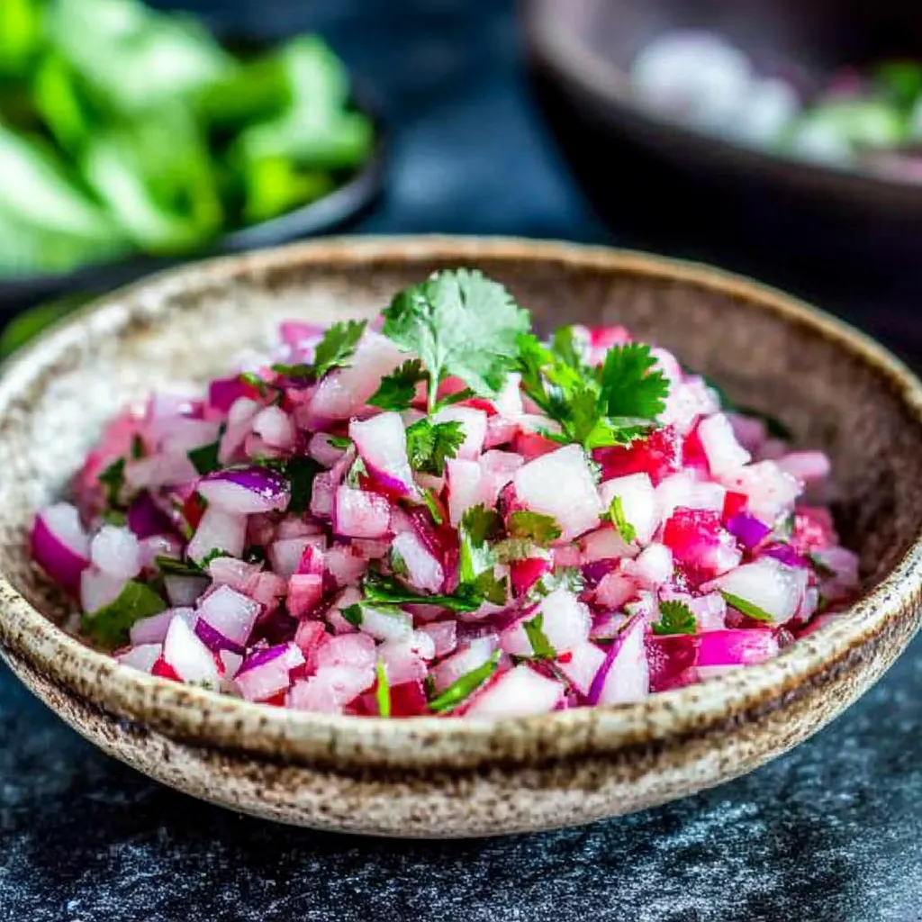 A bowl of food with onions and peppers.