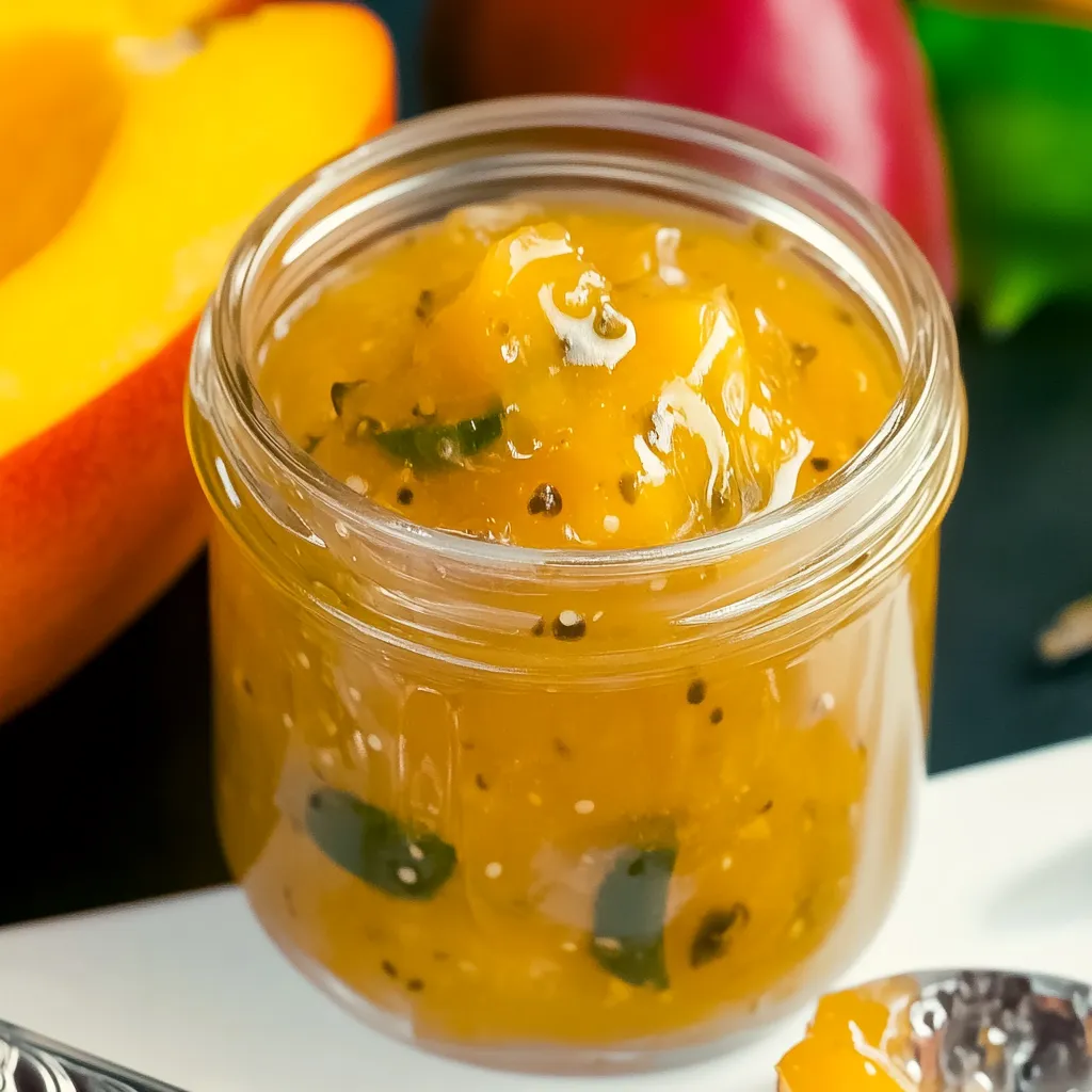 A jar of fruit preserves sits on a table.