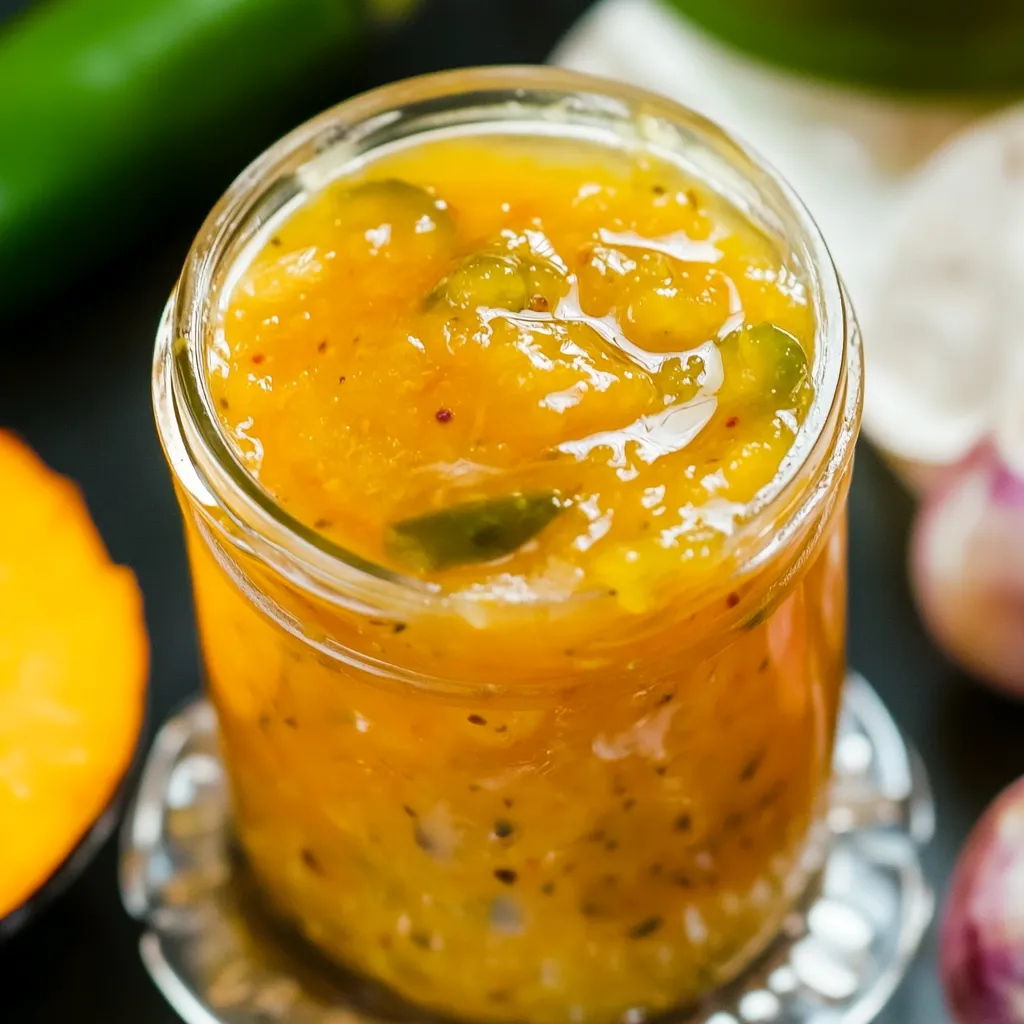 A jar of orange sauce with green peppers in it.