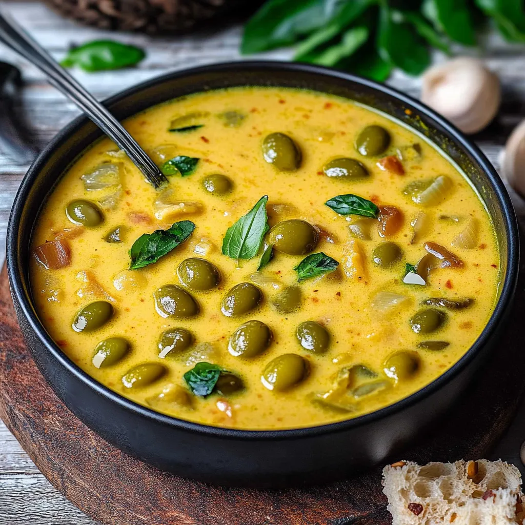 A bowl of soup with green vegetables and a spoon.